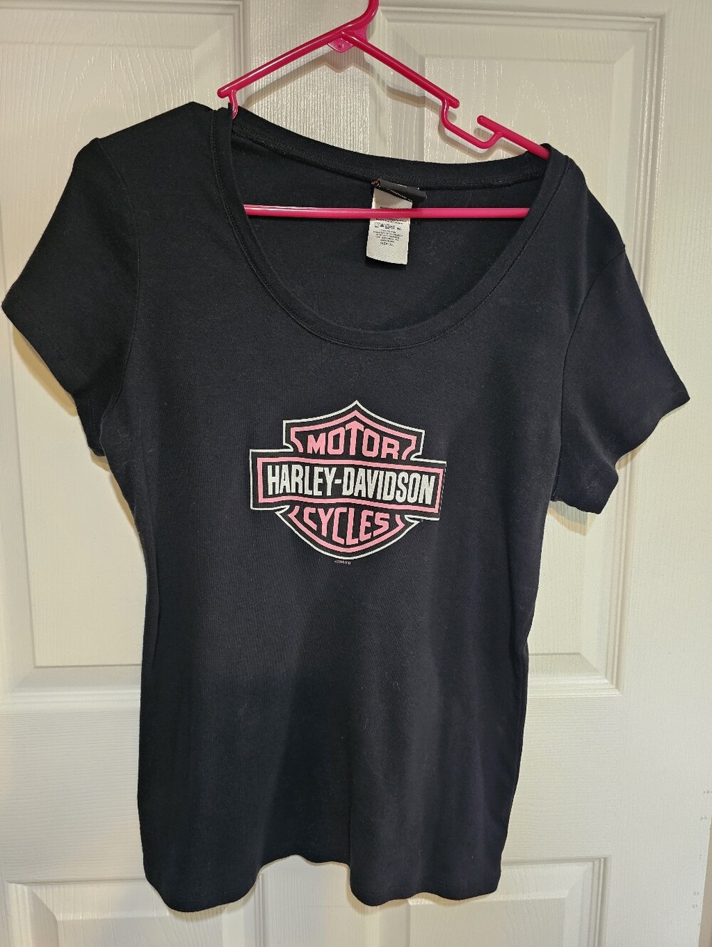 Harley-Davidson Black Tee with Pink Logo Scoop Neck